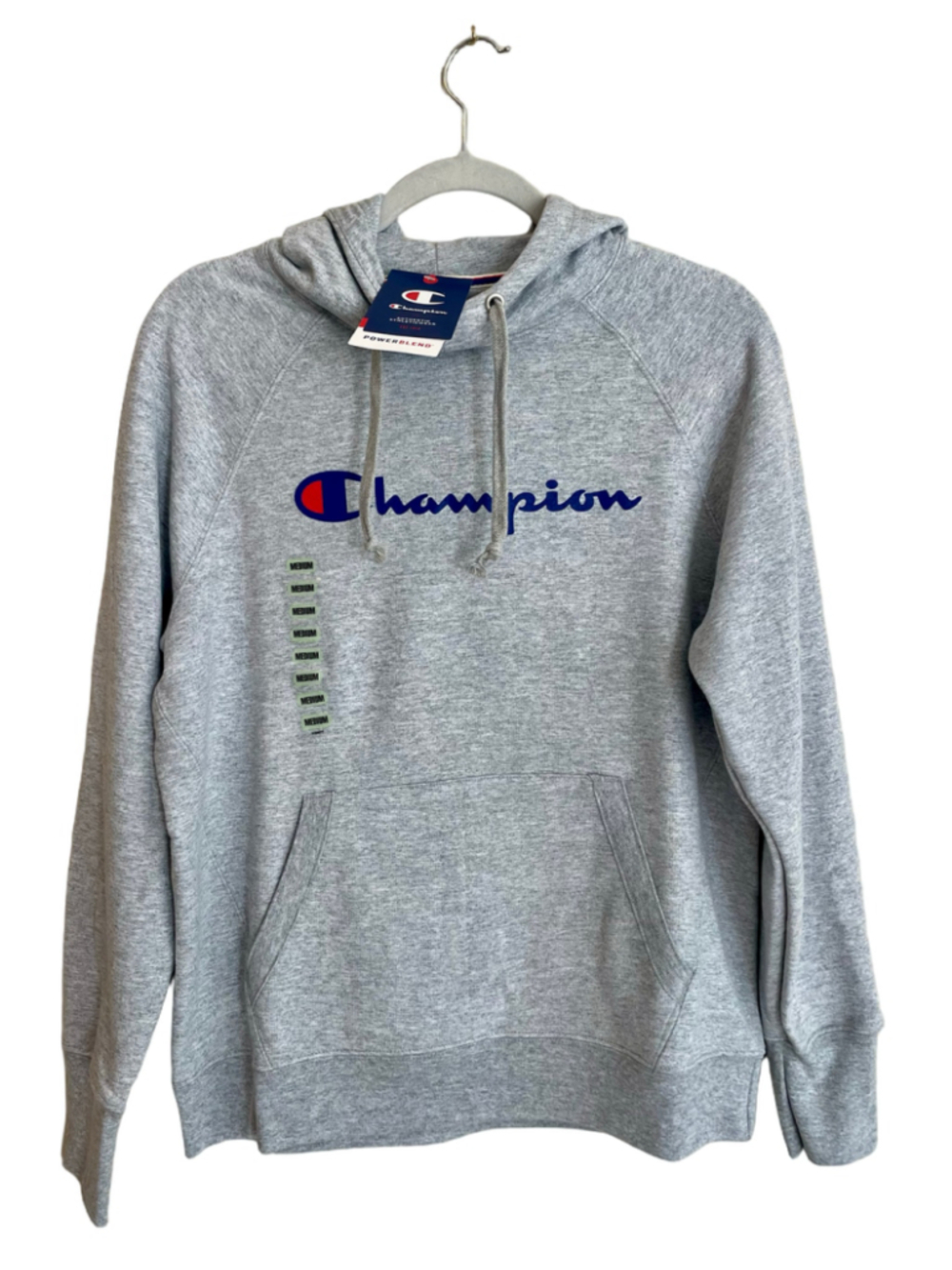 Champion Powerblend Hoodie Women’s M Oxford Gray Script Logo Fleece NWT